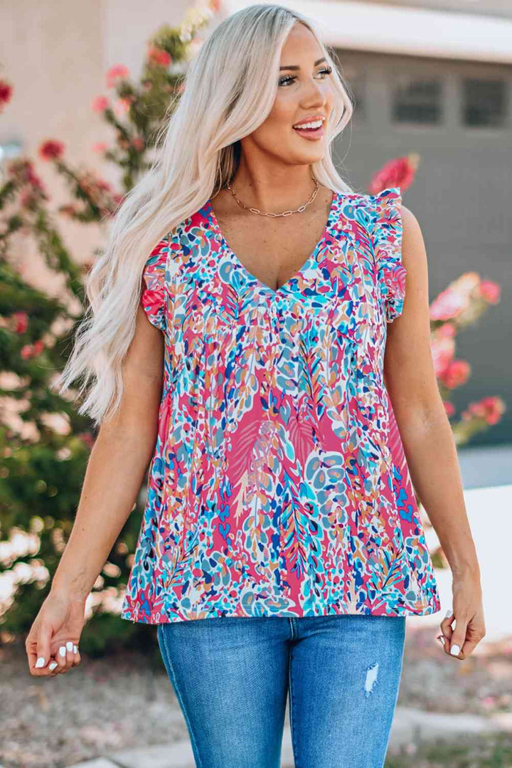 Printed Flutter Sleeve V-Neck Top cf | 1mrk.com