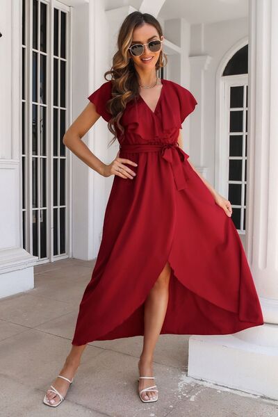 Ruffled Surplice Tie Waist Slit Midi Dress |1mrk.com