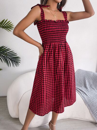 Frill Plaid Square Neck Midi Dress |1mrk.com