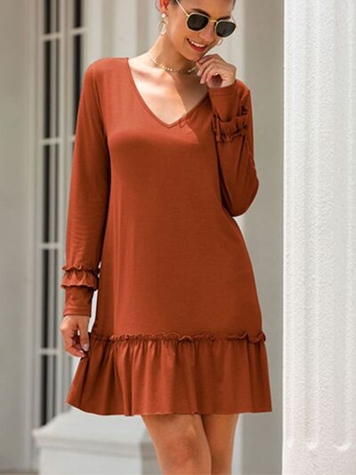 Frill V-Neck Long Sleeve Mini Dress |1mrk.com