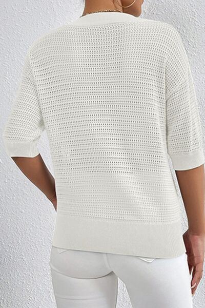 Openwork Half Button Dropped Shoulder Knit Top |1mrk.com