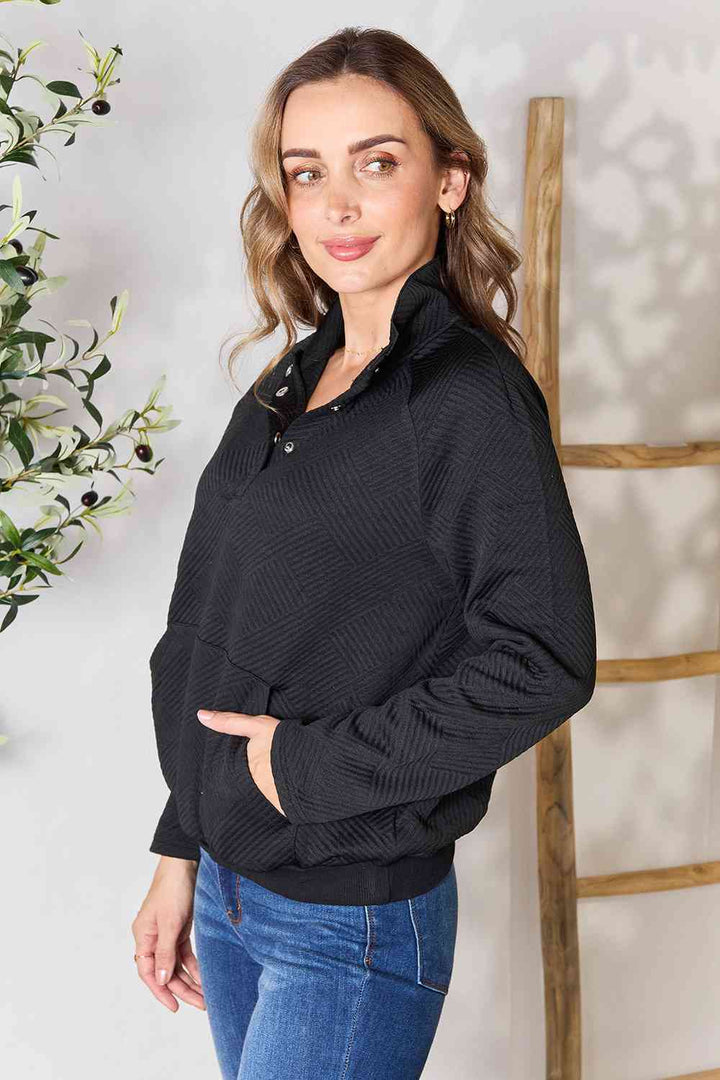 Double Take Half Buttoned Collared Neck Sweatshirt with Pocket |1mrk.com