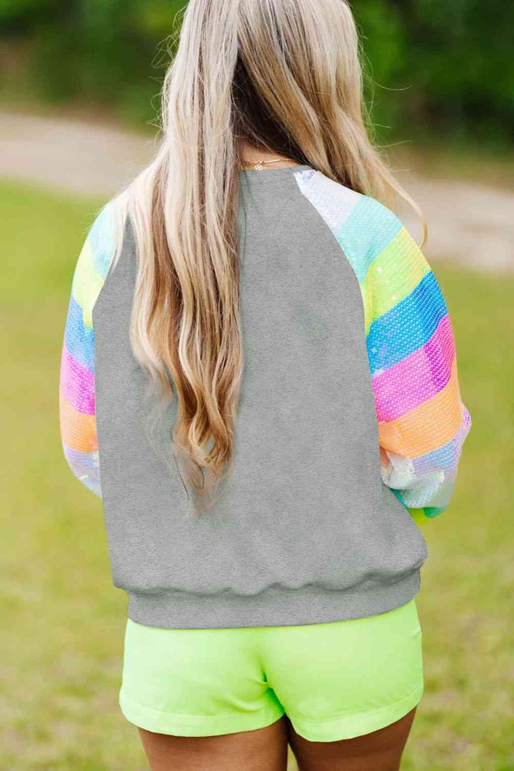 Sequin Round Neck Color Block  Sleeve Sweatshirt |1mrk.com