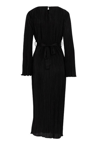 Textured Tied Round Neck Long Sleeve Dress |1mrk.com