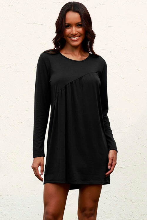 Ruched Round Neck Long Sleeve Dress | 1mrk.com