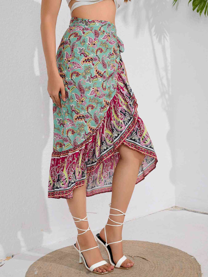 Tie Waistband Flounce Hem Midi Skirt |1mrk.com