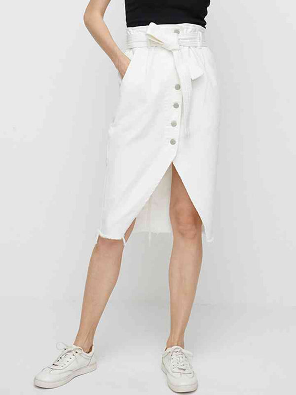 Full SizeTie Waist Buttoned Denim Skirt | 1mrk.com