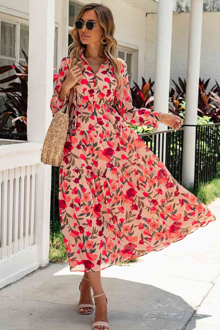 Floral Tie Neck Flounce Sleeve Tiered Dress | 1mrk.com