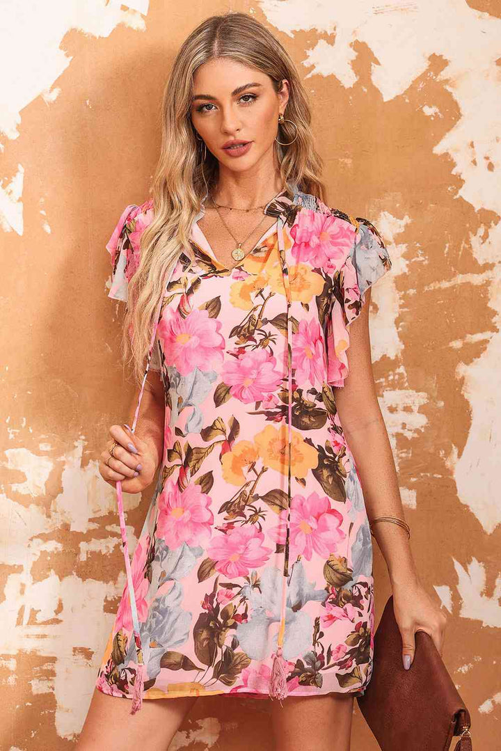 Floral Tie Neck Flutter Sleeve Dress |1mrk.com