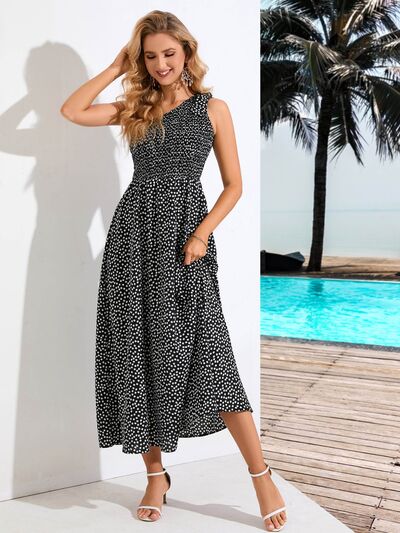 Printed Single Shoulder Midi Dress |1mrk.com