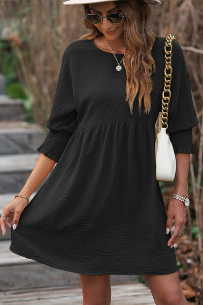 Round Neck Lantern Sleeve Mini Dress |1mrk.com