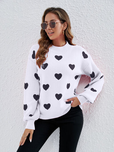 Heart Round Neck Dropped Shoulder Sweater |1mrk.com