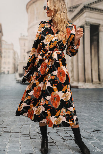 Printed Half Button Tie-Waist Pleated Dress | 1mrk.com