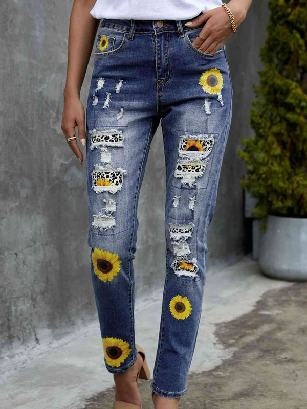 Leopard Patchwork Sunflower Print Distressed High Waist Jeans | 1mrk.com