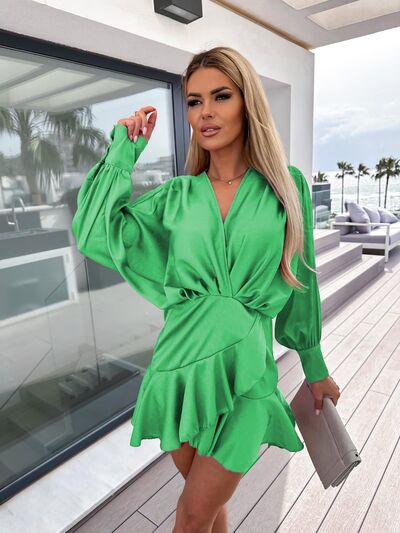 Surplice Ruffle Hem Lantern Sleeve Mini Dress |1mrk.com