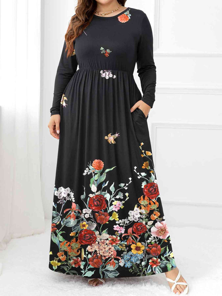 Plus Size Round Neck Maxi Dress with Pockets | 1mrk.com