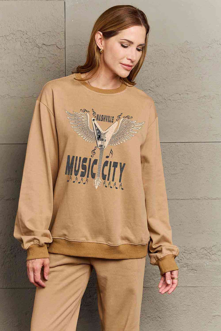 Simply Love Simply Love Full Size Round Neck Dropped Shoulder MUSIC CITY Graphic Sweatshirt |1mrk.com