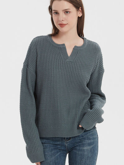 Notched Dropped Shoulder Sweater | Trendsi