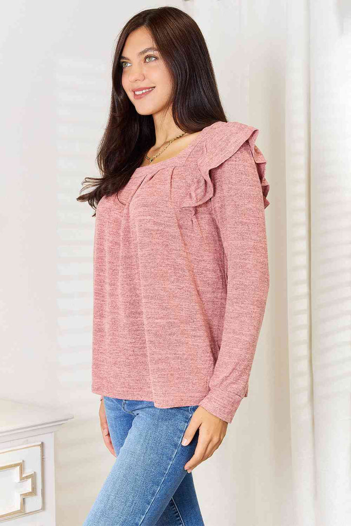 Double Take Square Neck Ruffle Shoulder Long Sleeve T-Shirt | 1mrk.com