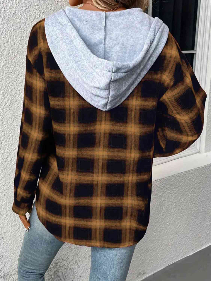 Plaid Drawstring Button Up Hooded Jacket |1mrk.com