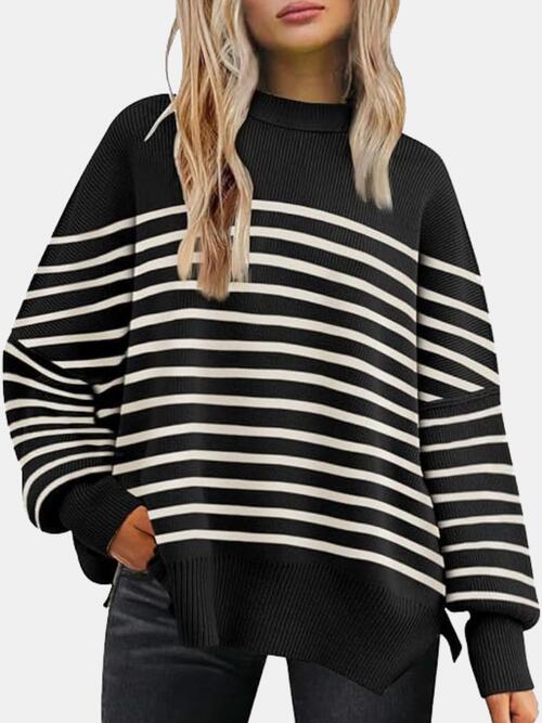 Round Neck Drop Shoulder Slit Sweater |1mrk.com