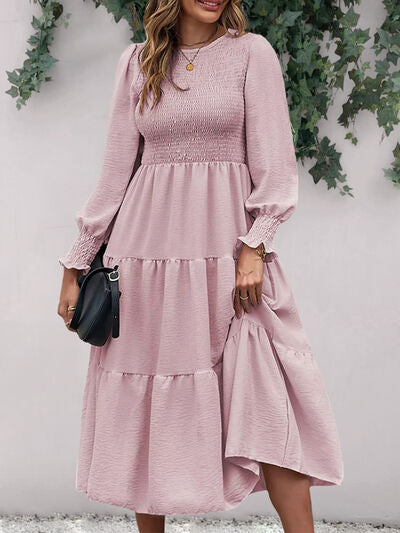 Smocked Round Neck Long Sleeve Midi Dress |1mrk.com