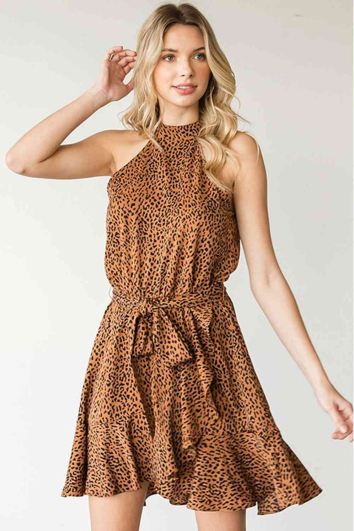 First Love Full Size Leopard Belted Sleeveless Dress | 1mrk.com