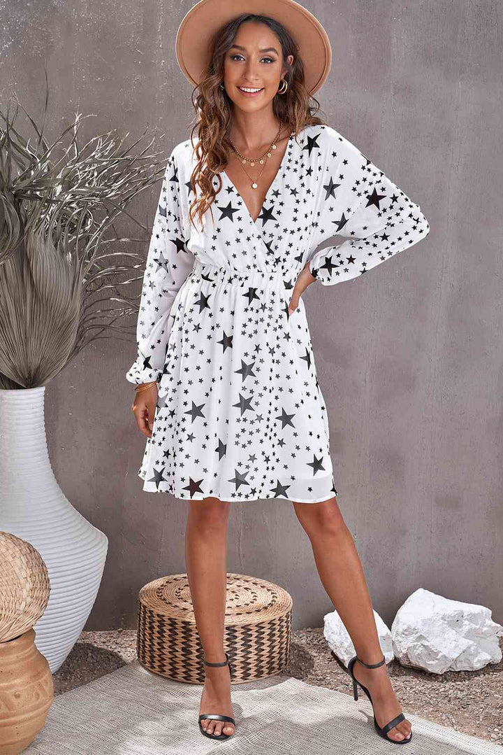 Star Print Dropped Shoulder Surplice Dress | 1mrk.com