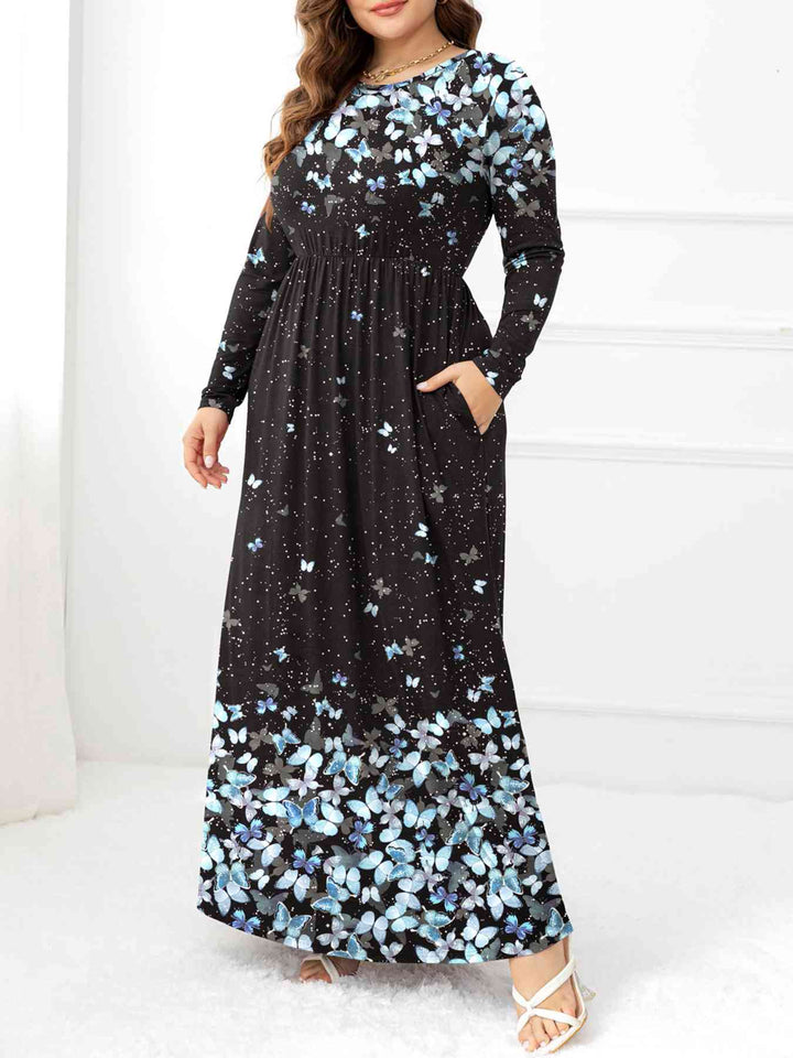 Plus Size Round Neck Maxi Dress with Pockets | 1mrk.com