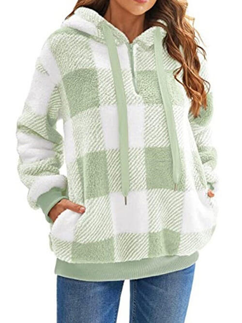 Plaid Half Zip Drawstring Hoodie | 1mrk.com