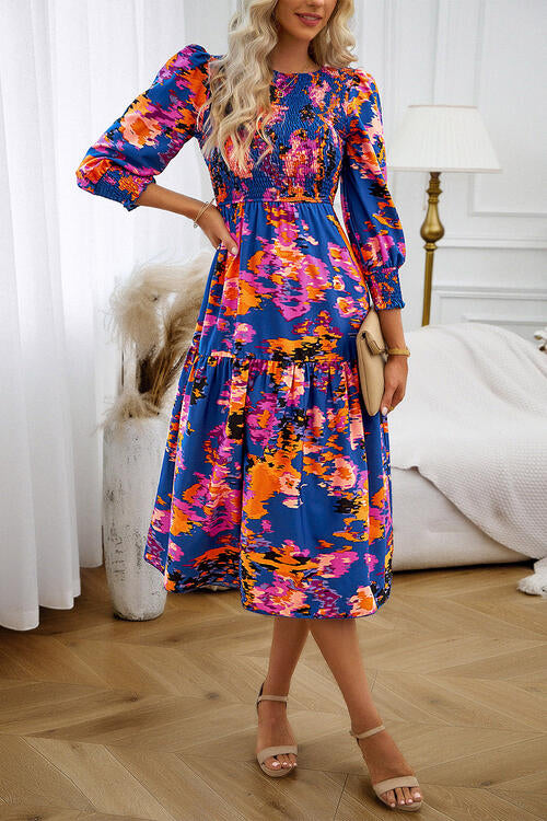 Printed Smocked Lantern Sleeve Ruffled Dress | 1mrk.com