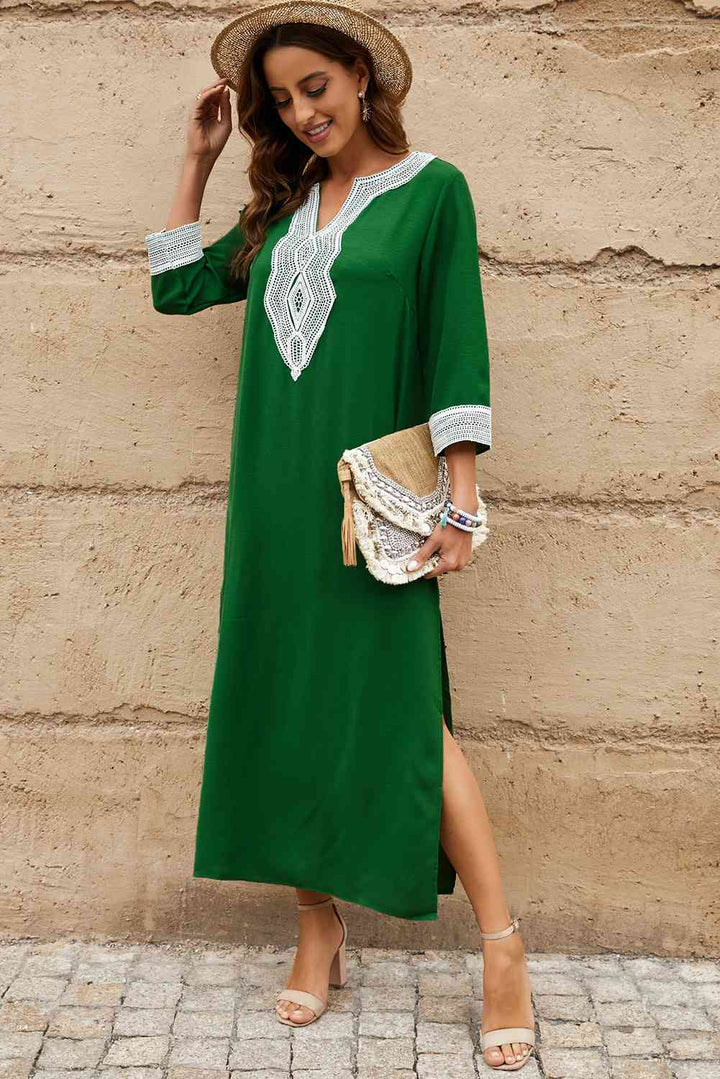 Contrast Lace Trim Three-Quarter Sleeve Split Dress |1mrk.com