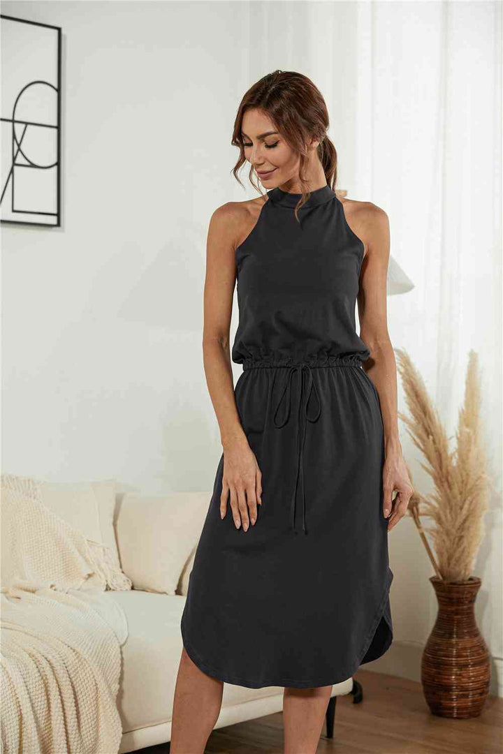 Drawstring Open Back Slit Sleeveless Dress |1mrk.com