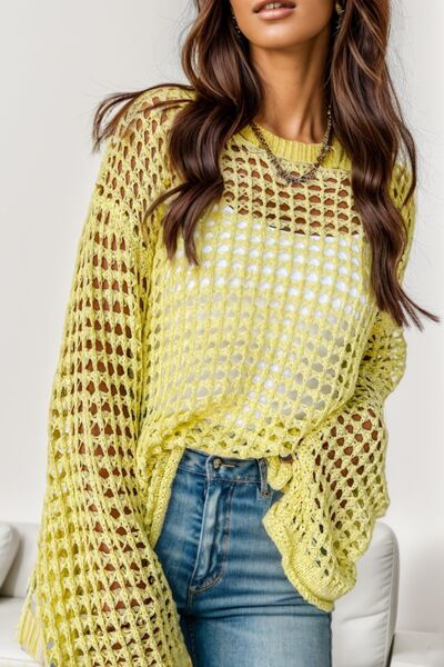 Openwork Round Neck Dropped Shoulder Knit Top |1mrk.com