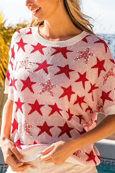 BiBi Star Pattern Round Neck Short Sleeve Knit Top |1mrk.com