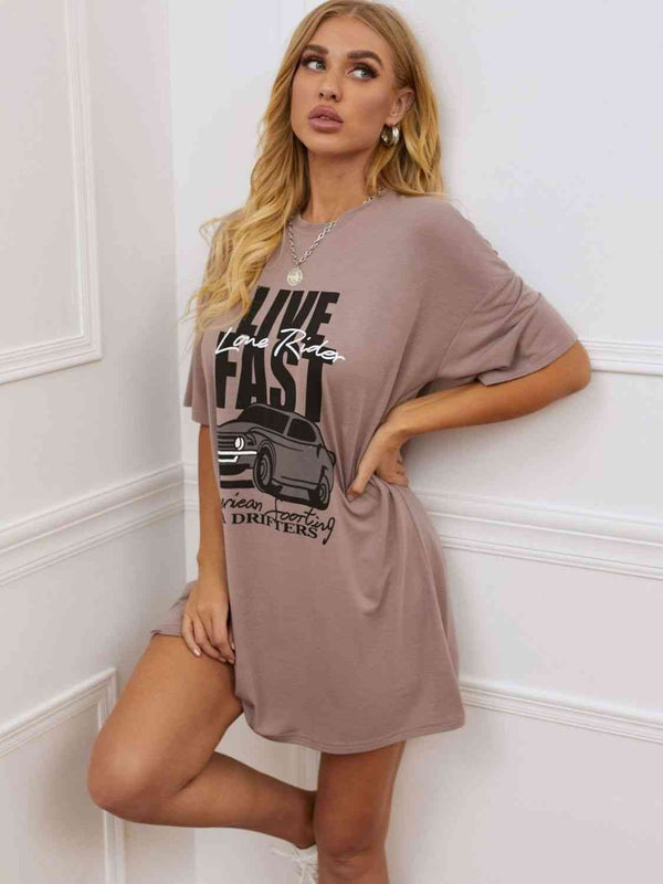 Printed Round Neck Half Sleeve T-Shirt Dress | 1mrk.com