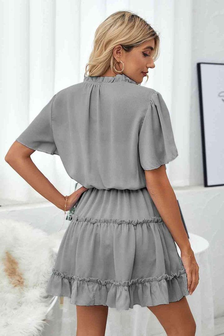 Tie Neck Frill Trim Short Sleeve Mini Dress |1mrk.com