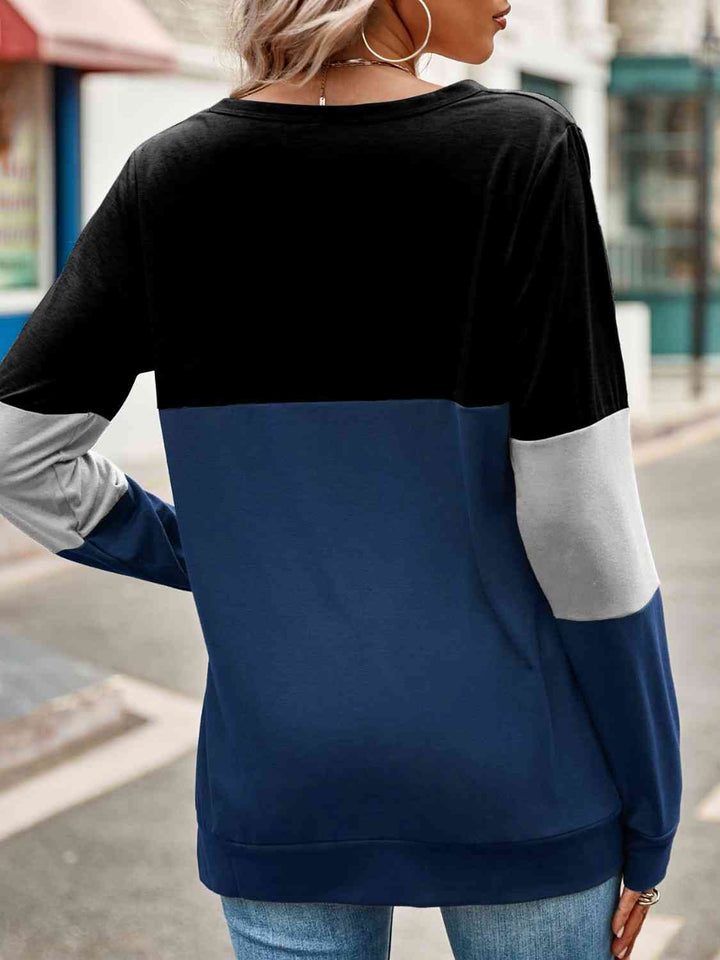 Color Block Cutout Round Neck Long Sleeve T-Shirt | 1mrk.com