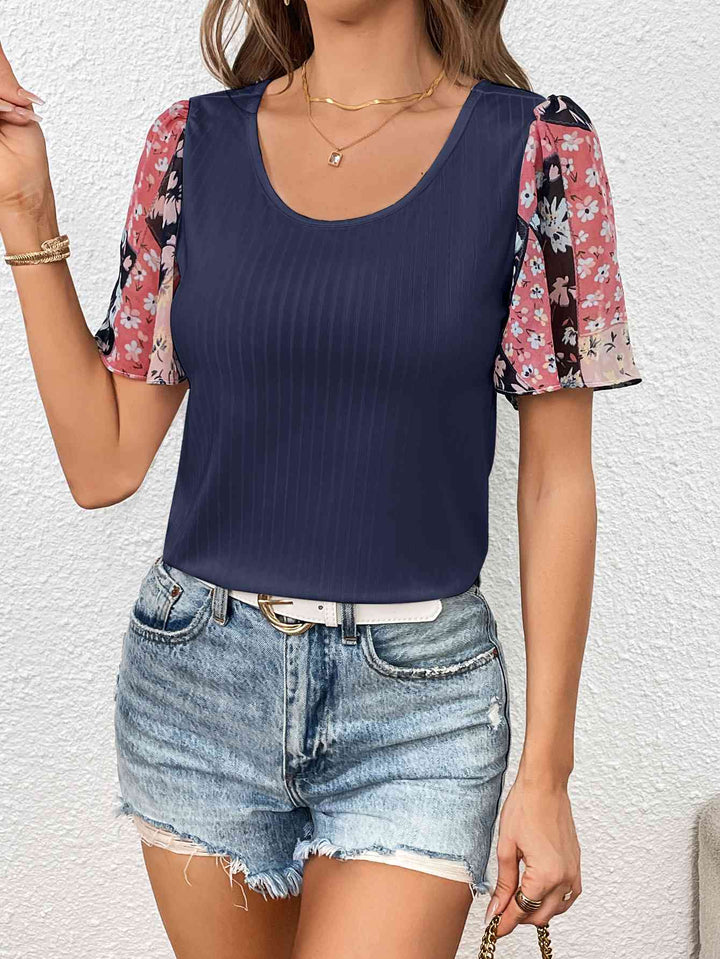 Printed Puff Sleeve Round Neck Tee | 1mrk.com