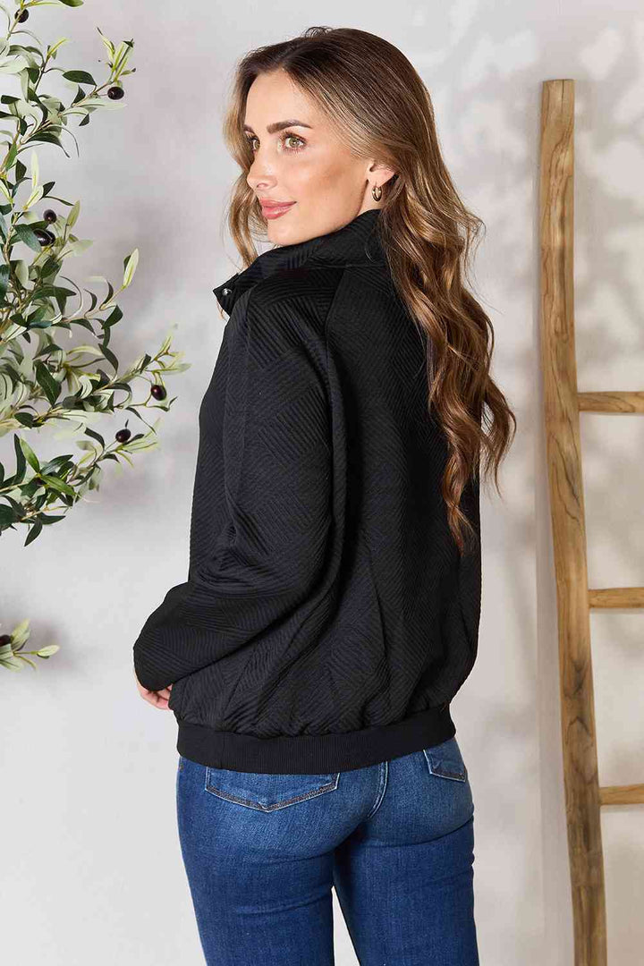 Double Take Half Buttoned Collared Neck Sweatshirt with Pocket |1mrk.com