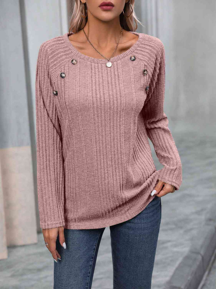 Ribbed Buttoned Round Neck Long Sleeve T-Shirt | 1mrk.com