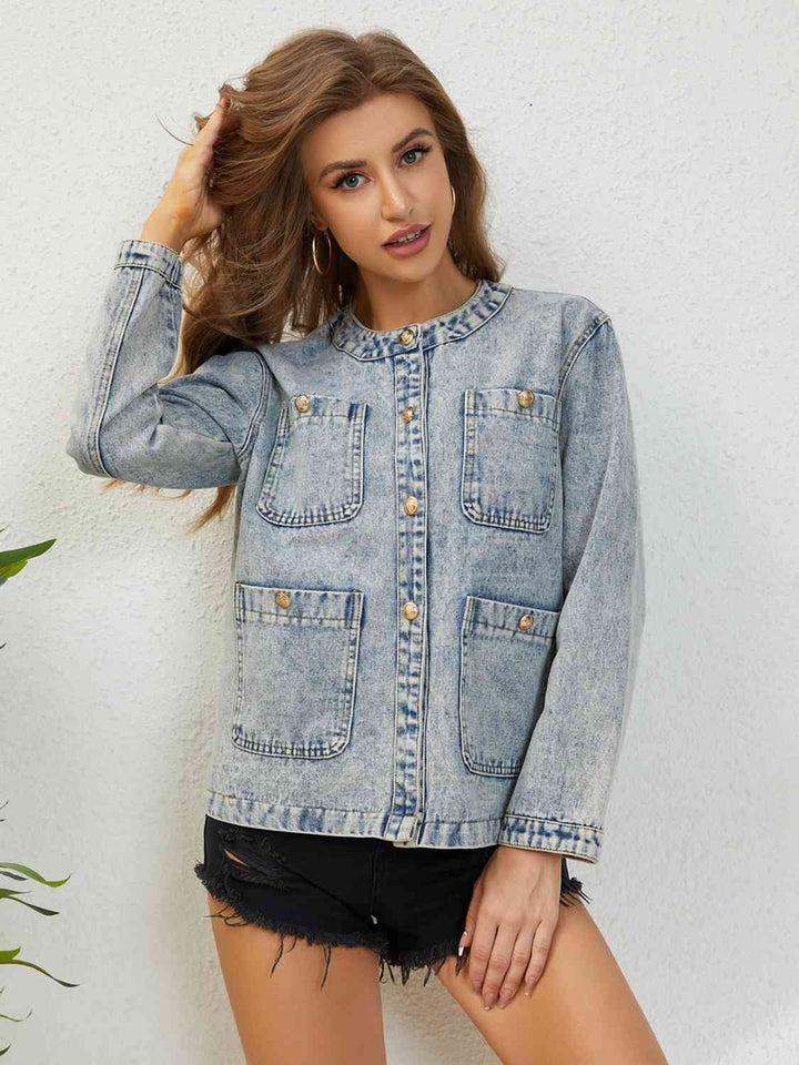 Button Up Round Neck Denim Jacket | 1mrk.com