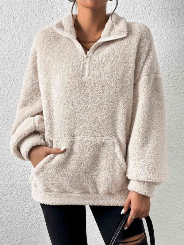 Half Zip Drop Shoulder Sweatshirt with Pocket |1mrk.com