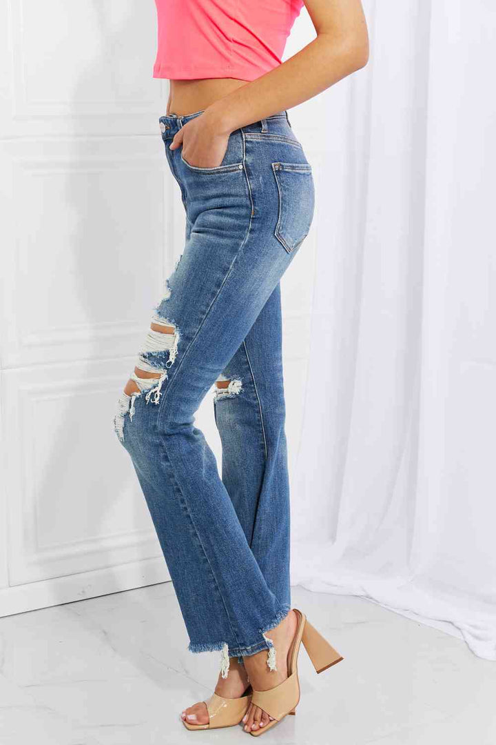 RISEN Full Size Hazel High Rise Distressed Flare Jeans | 1mrk.com
