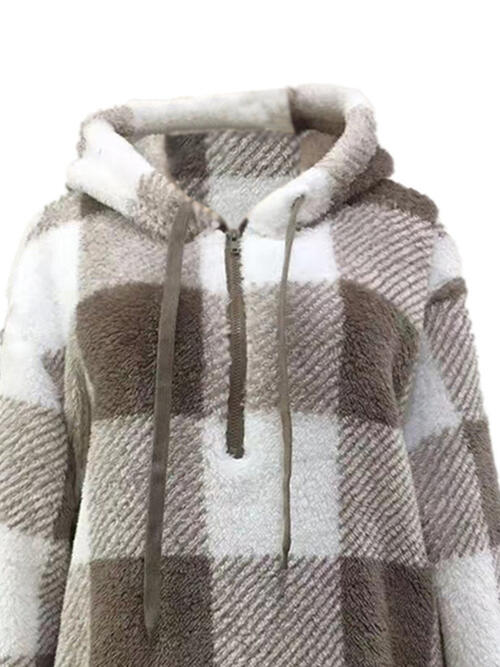 Plaid Half Zip Drawstring Hoodie | 1mrk.com