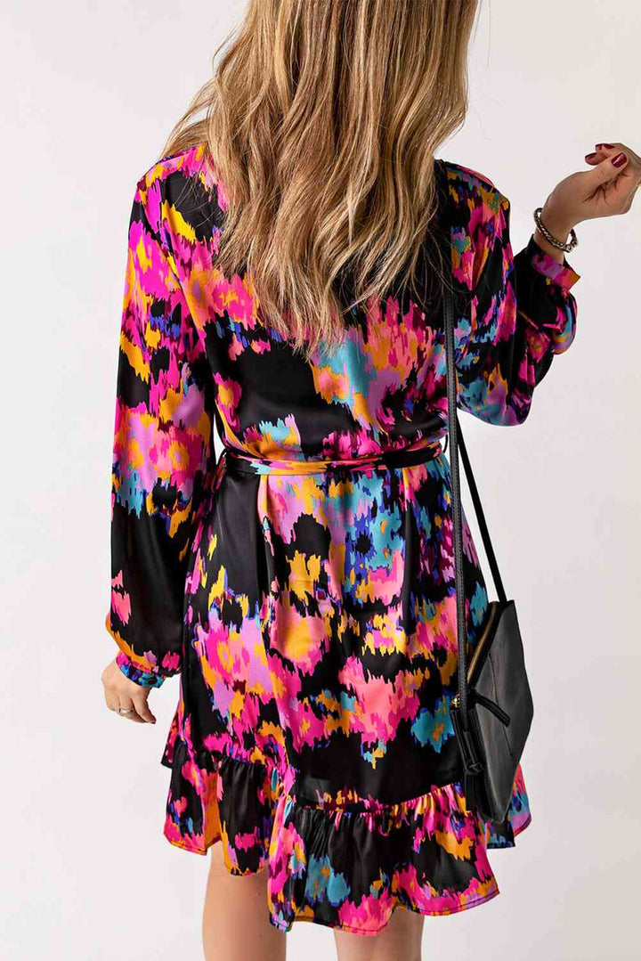 Abstract Print Belted Ruffle Hem Dress |1mrk.com