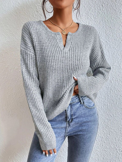 Notched Dropped Shoulder Sweater | Trendsi