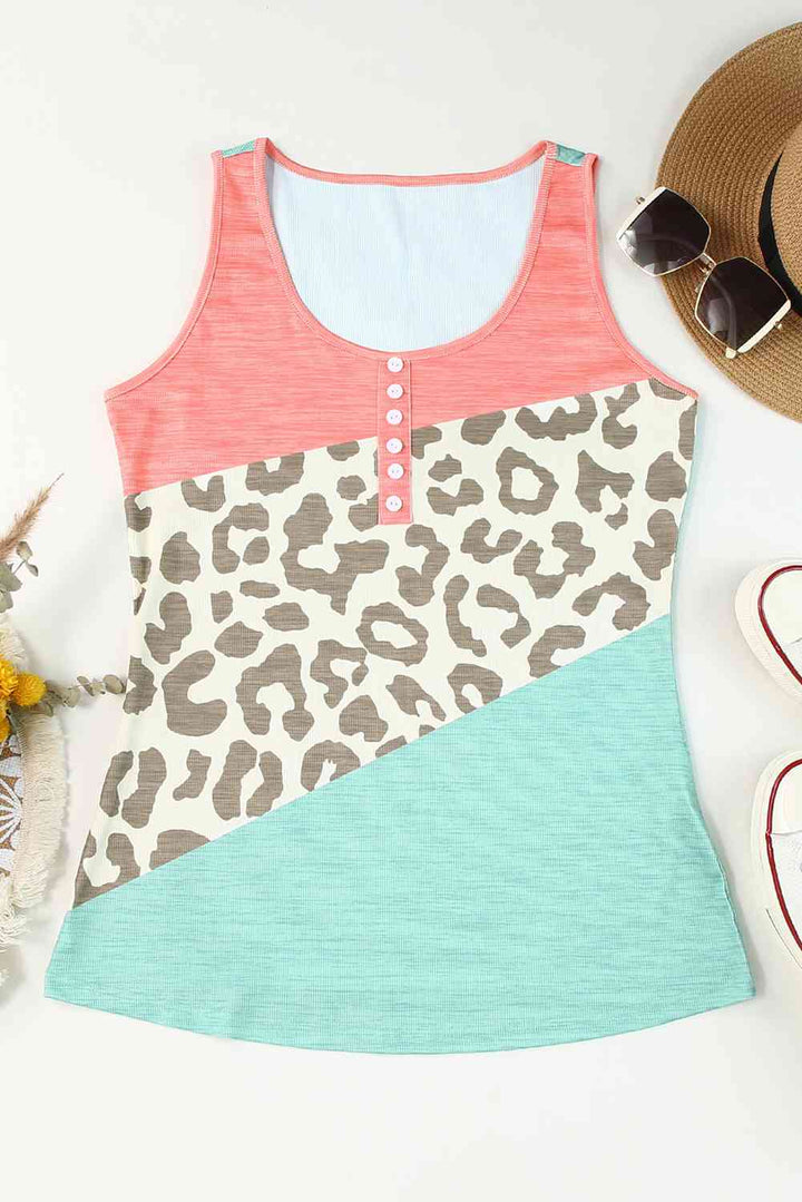 Leopard Color Block Decorative Button Tank | 1mrk.com