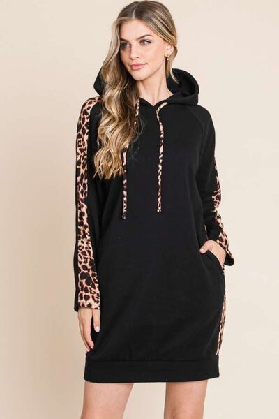 Culture Code Drawstring Leopard Long Sleeve Hooded Dress |1mrk.com