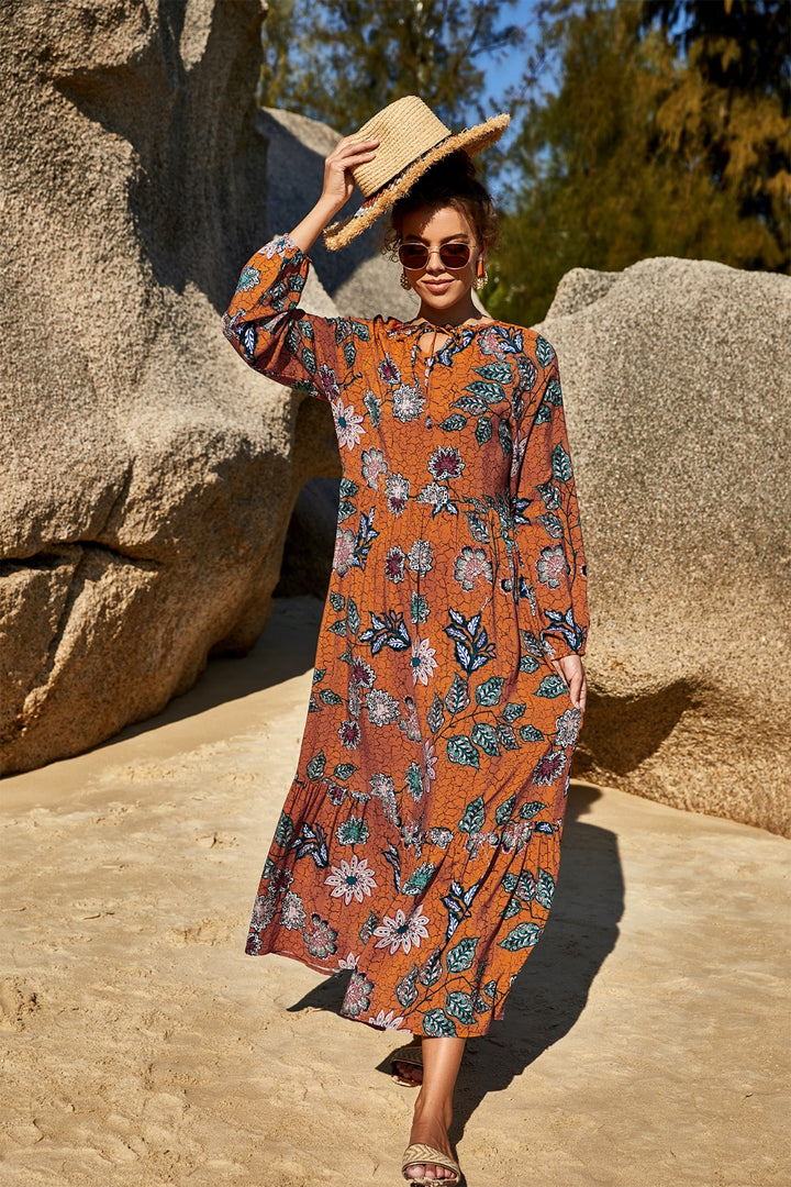 Printed Tie Neck Long Sleeve Dress | Trendsi